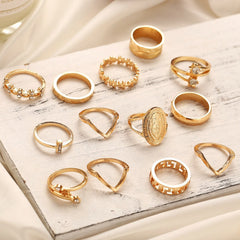 13 Piece Medallion Ring Set With Austrian Crystals 18K Gold Plated Ring ITALY Design-QPD